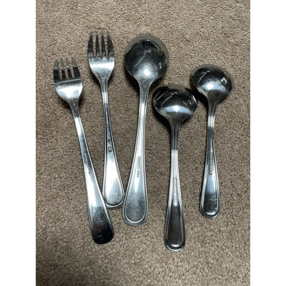 8 Piece Tress Style Stainless Serving Spoon &‎ Dinner Forks & Soup Spoons Vtg